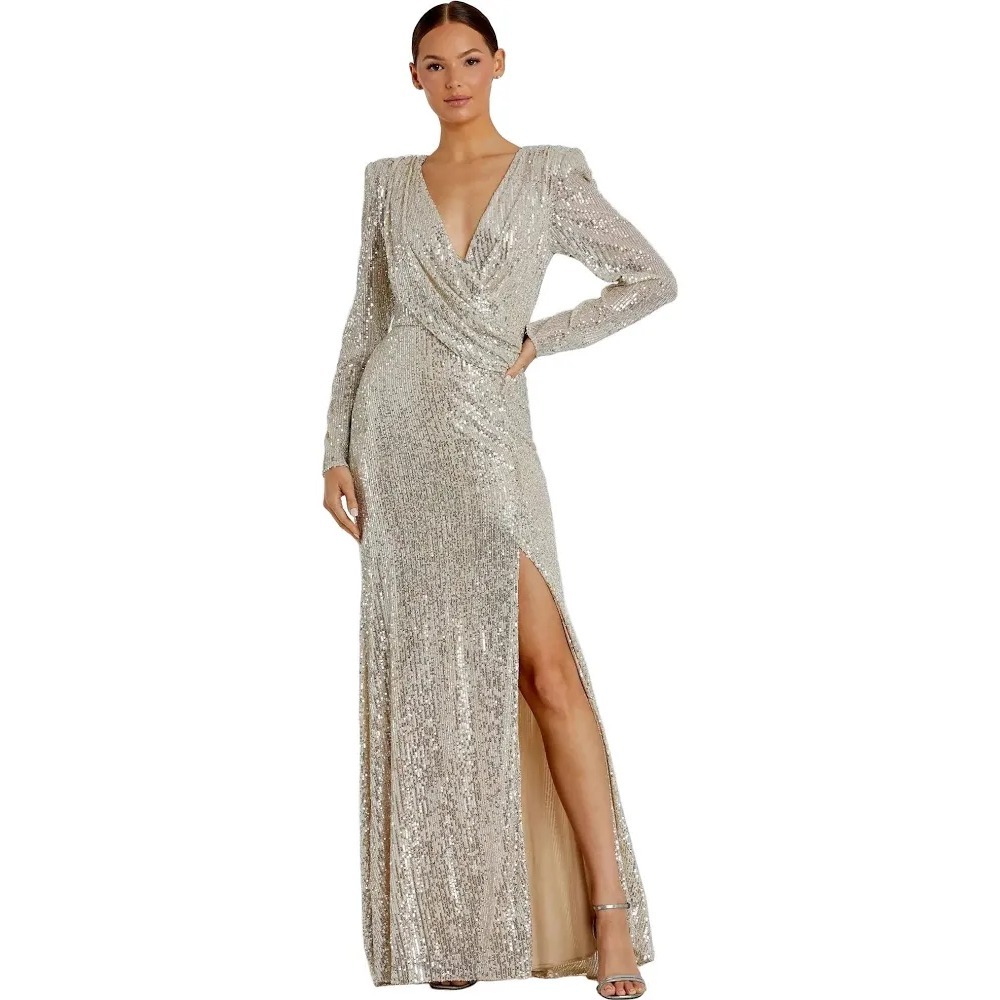 Mac Duggal Sequin Long-sleeve Faux Wrap Ruched  Gown - Silver champagne size 6